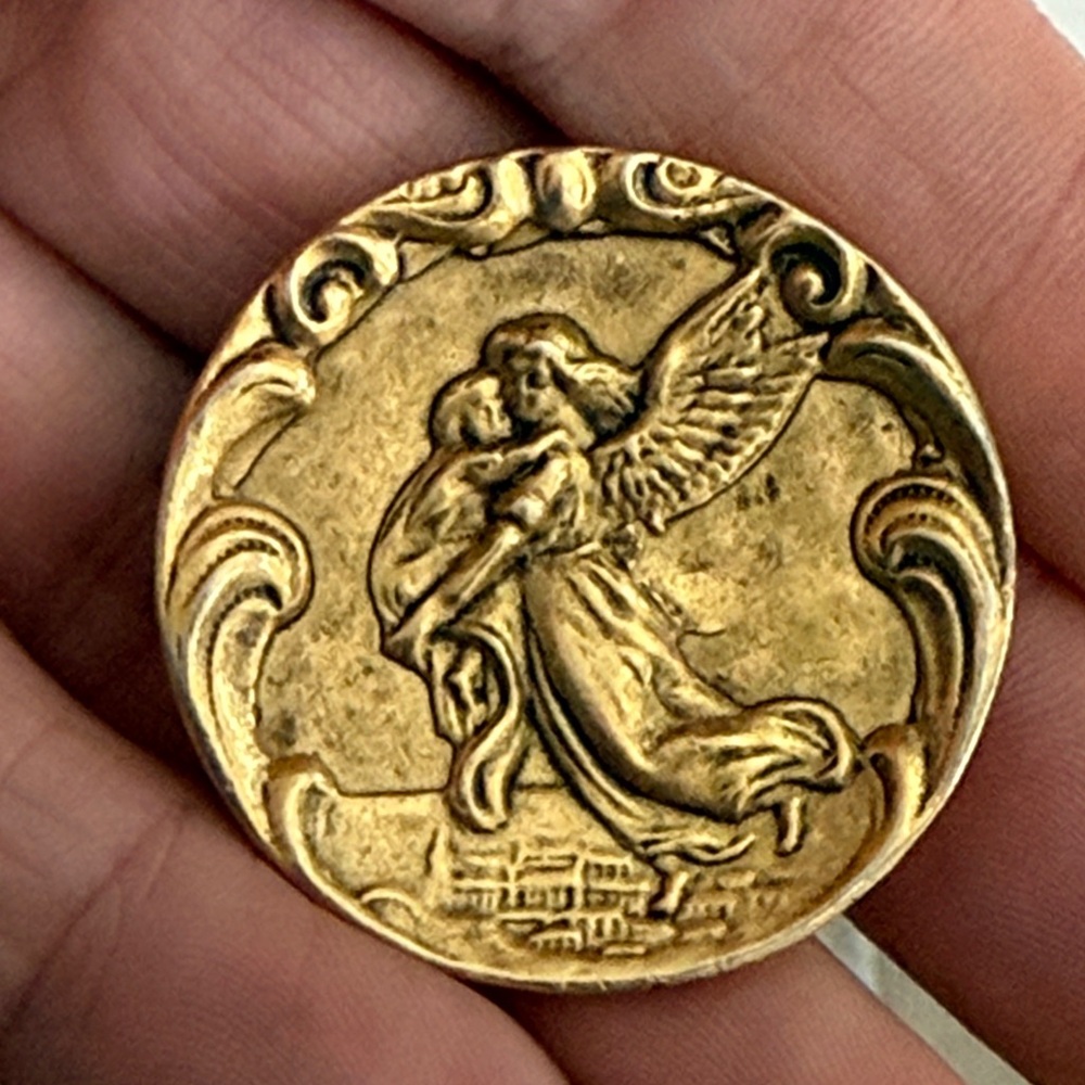 Gold Coin Angel Brooch Heavy Vintage Jewelry